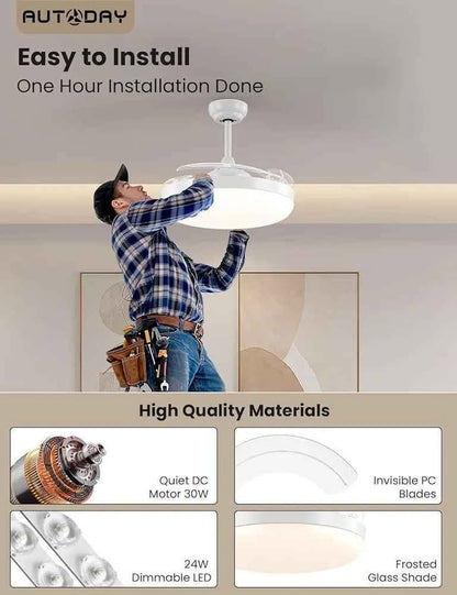 Zložljivi tihi stropni ventilator z zatemnljivo LED lučjo, 36 W, lopatice Ø 108 cm, reverzibilni DC motor, daljinski upravljalnik, 6 hitrosti, časovnik
