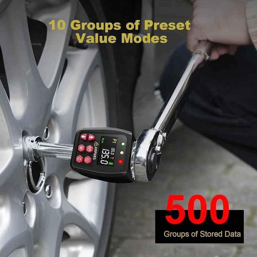 Digitalni adapter za navor, 1/2-palčni komplet adapterjev za navor 6,75–135 Nm s prednastavitvijo, ležajem, brenčalom, LCD-zaslonom, natančnostjo ± 1 %, adapter 1/4" 3/8" za avtomobil, motorno kolo, kolo