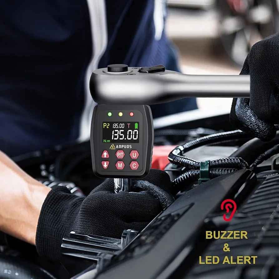 Digitalni adapter za navor, 1/2-palčni komplet adapterjev za navor 6,75–135 Nm s prednastavitvijo, ležajem, brenčalom, LCD-zaslonom, natančnostjo ± 1 %, adapter 1/4" 3/8" za avtomobil, motorno kolo, kolo