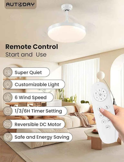 Zložljivi tihi stropni ventilator z zatemnljivo LED lučjo, 36 W, lopatice Ø 108 cm, reverzibilni DC motor, daljinski upravljalnik, 6 hitrosti, časovnik