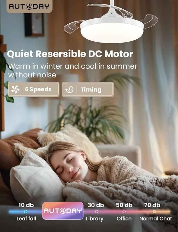 Zložljivi tihi stropni ventilator z zatemnljivo LED lučjo, 36 W, lopatice Ø 108 cm, reverzibilni DC motor, daljinski upravljalnik, 6 hitrosti, časovnik