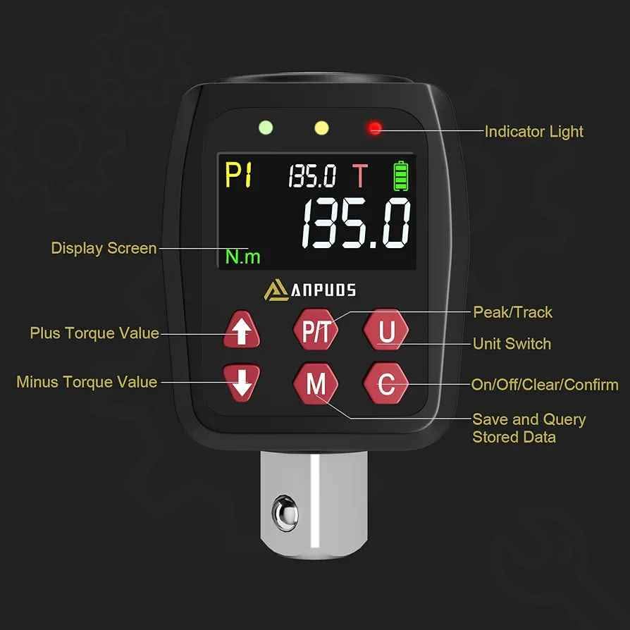 Digitalni adapter za navor, 1/2-palčni komplet adapterjev za navor 6,75–135 Nm s prednastavitvijo, ležajem, brenčalom, LCD-zaslonom, natančnostjo ± 1 %, adapter 1/4" 3/8" za avtomobil, motorno kolo, kolo