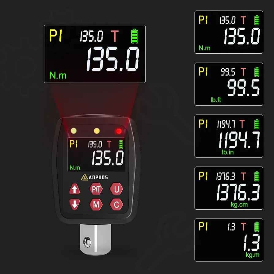Digitalni adapter za navor, 1/2-palčni komplet adapterjev za navor 6,75–135 Nm s prednastavitvijo, ležajem, brenčalom, LCD-zaslonom, natančnostjo ± 1 %, adapter 1/4" 3/8" za avtomobil, motorno kolo, kolo