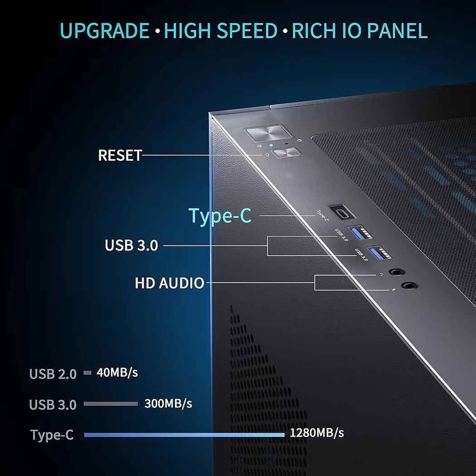 MUSETEX ohišje za računalnik ATX s prednameščenimi 6 PWM ARGB ventilatorji, srednje velik ATX ohišje za računalnik s panoramsko stransko ploščo z dvojnim steklom, igralno ohišje tipa C, črno (K2)