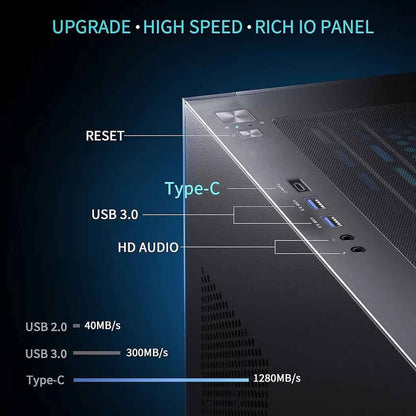 MUSETEX ohišje za računalnik ATX s prednameščenimi 6 PWM ARGB ventilatorji, srednje velik ATX ohišje za računalnik s panoramsko stransko ploščo z dvojnim steklom, igralno ohišje tipa C, črno (K2)
