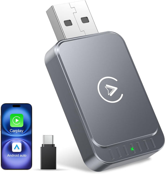 Brezžični adapter za Carplay AuroraLink za Apple iPhone in Android Auto, hiter in stabilen 2-v-1 brezžični adapter za Carplay, ki pretvori žični v brezžični adapter za avto za iOS 10+/Android 11+ (siv)
