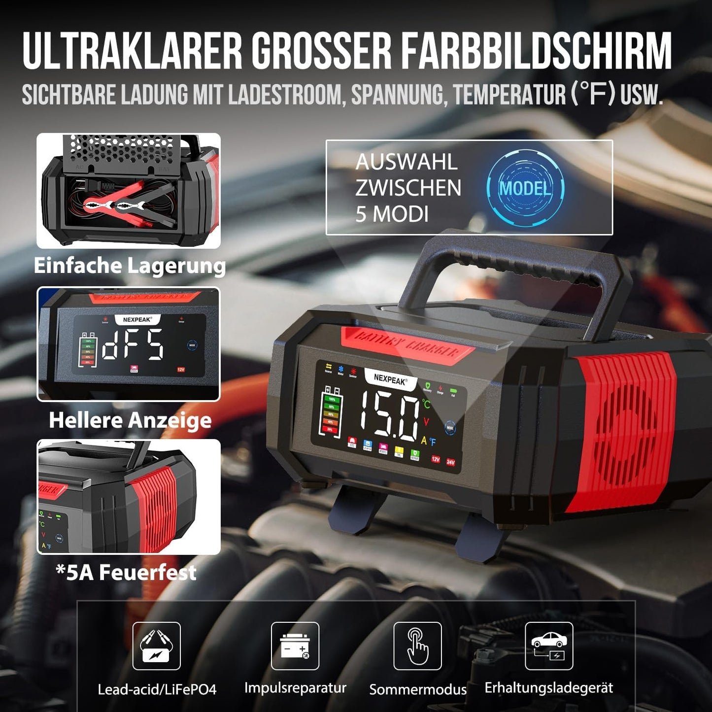 NEXPEAK NC315 15A polnilnik avtomobilskih akumulatorjev, 12V 24V LiFePO4, 9-stopenjski inteligentni polnilnik akumulatorjev za avtomobile, tovornjake, motorna kolesa, kosilnice, čolne in plovila