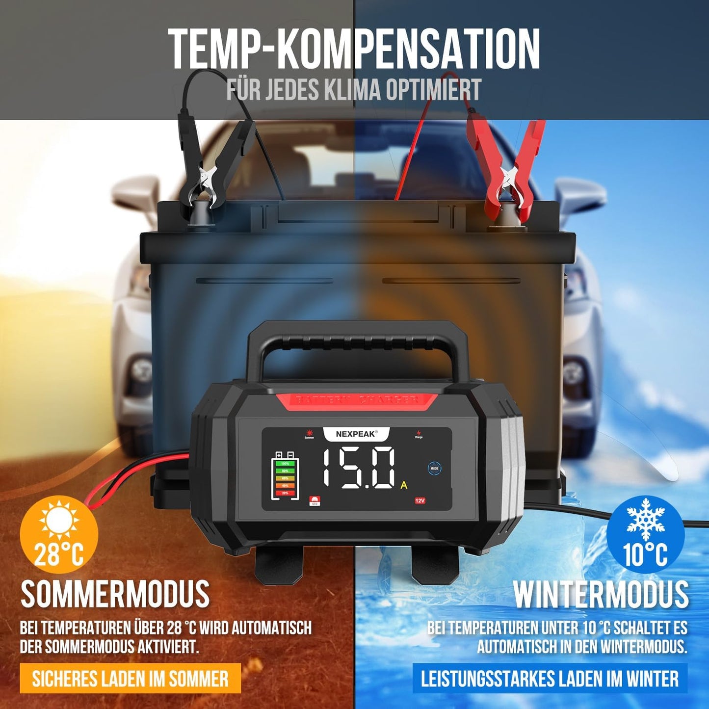 NEXPEAK NC315 15A polnilnik avtomobilskih akumulatorjev, 12V 24V LiFePO4, 9-stopenjski inteligentni polnilnik akumulatorjev za avtomobile, tovornjake, motorna kolesa, kosilnice, čolne in plovila