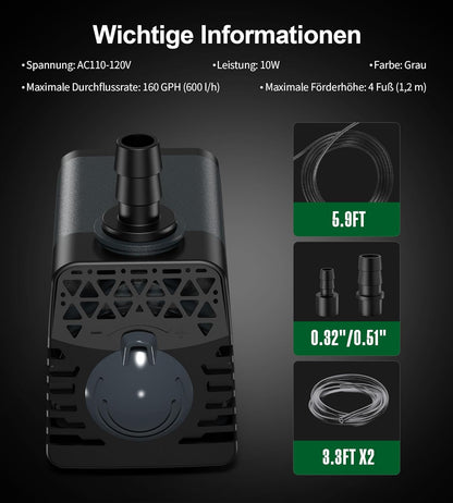 Črpalka  Ankway 10 W 600 L/H za fontano, akvarije, ribnike, hidroponske sisteme z zaščito pred pregrevanjem, z 1,8 m kablom in 2 šobama