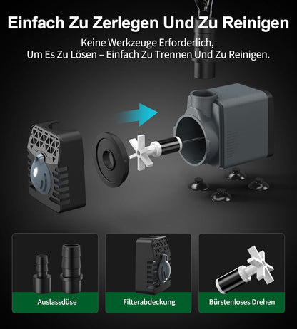 Črpalka  Ankway 10 W 600 L/H za fontano, akvarije, ribnike, hidroponske sisteme z zaščito pred pregrevanjem, z 1,8 m kablom in 2 šobama