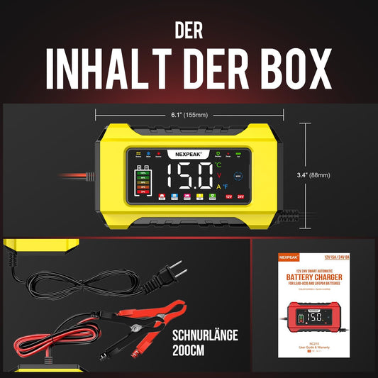 NEXPEAK NC215 15A polnilnik avtomobilskih akumulatorjev, 12V 24V LiFePO4 prenosni polnilnik avtomobilskih akumulatorjev, akumulatorjev za tovornjake, motorna kolesa, kosilnice, čolne in plovila