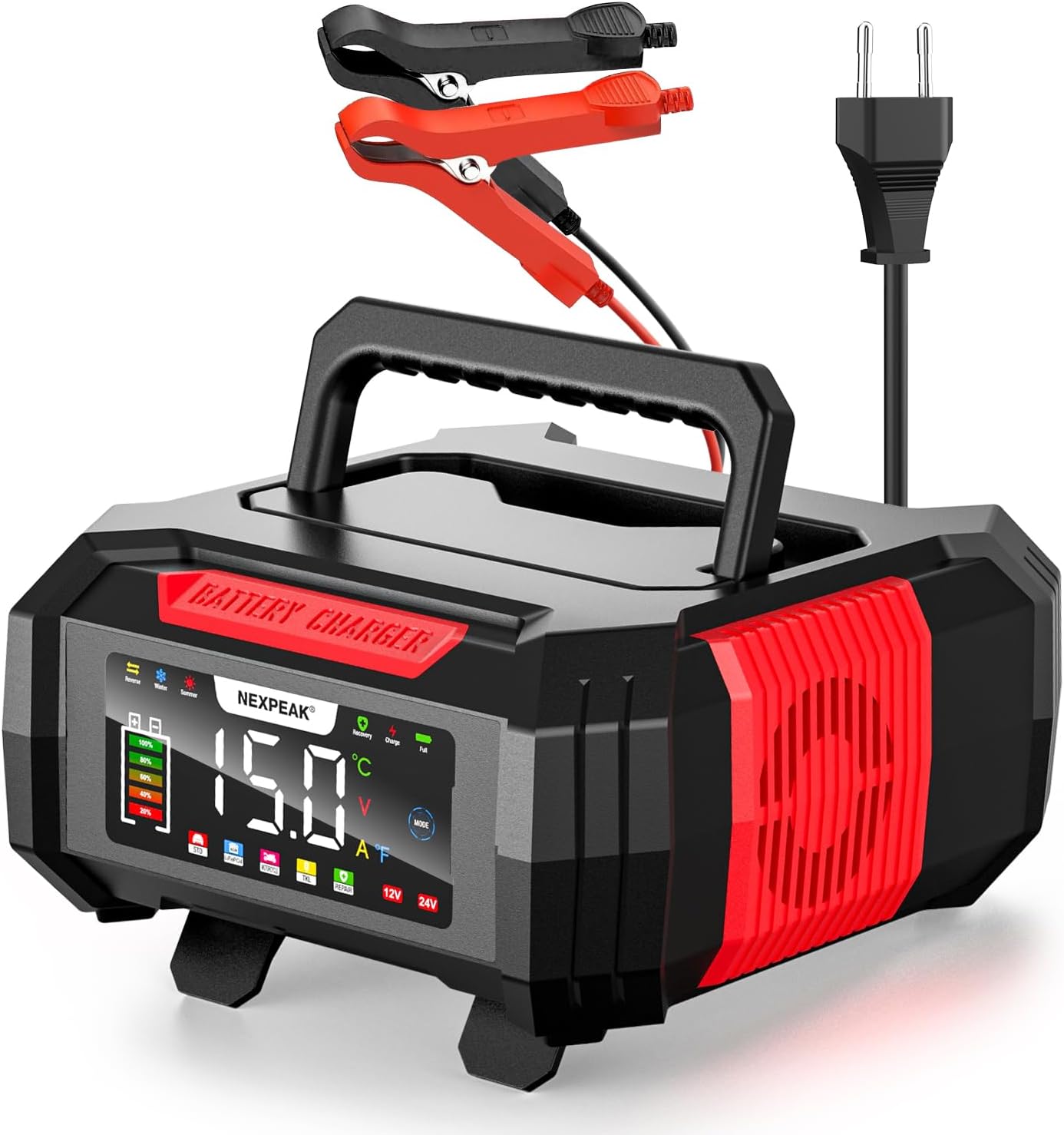 NEXPEAK NC315 15A polnilnik avtomobilskih akumulatorjev, 12V 24V LiFePO4, 9-stopenjski inteligentni polnilnik akumulatorjev za avtomobile, tovornjake, motorna kolesa, kosilnice, čolne in plovila