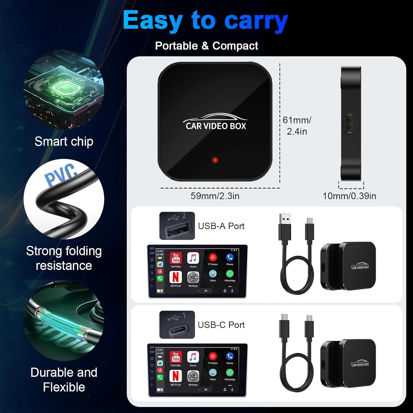 Brezžični Carplay in Android Auto adapter z vgrajenim Netflixom in YouTubom, 3-v-1 Car Play Ai Box, ki pretvori žično v brezžično CarPlay, nadgrajen dvopasovni WiFi, TF...