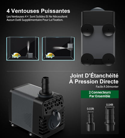 Črpalka  Ankway 10 W 600 L/H za fontano, akvarije, ribnike, hidroponske sisteme z zaščito pred pregrevanjem, z 1,8 m kablom in 2 šobama