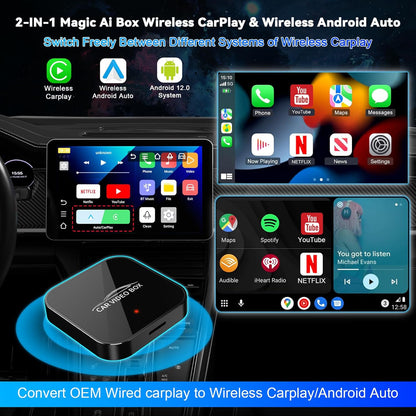 Brezžični Carplay in Android Auto adapter z vgrajenim Netflixom in YouTubom, 3-v-1 Car Play Ai Box, ki pretvori žično v brezžično CarPlay, nadgrajen dvopasovni WiFi, TF...