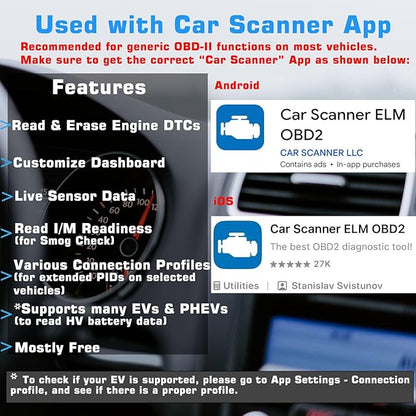 Veepeak OBDCheck BLE+ Bluetooth OBD II EOBD diagnostično orodje, adapter, avtomobilski diagnostični skener za iOS in Android