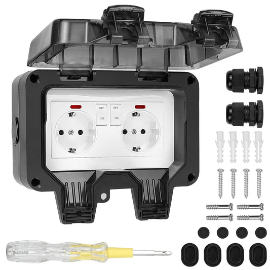 SHYOSUCCE Zunanja vtičnica z 2 vtičnicama s kabelskim priključkom in pokrovom IP66, odporna proti prahu, za kuhinjo, kopalnico, garažo, bazen in vrt, črna