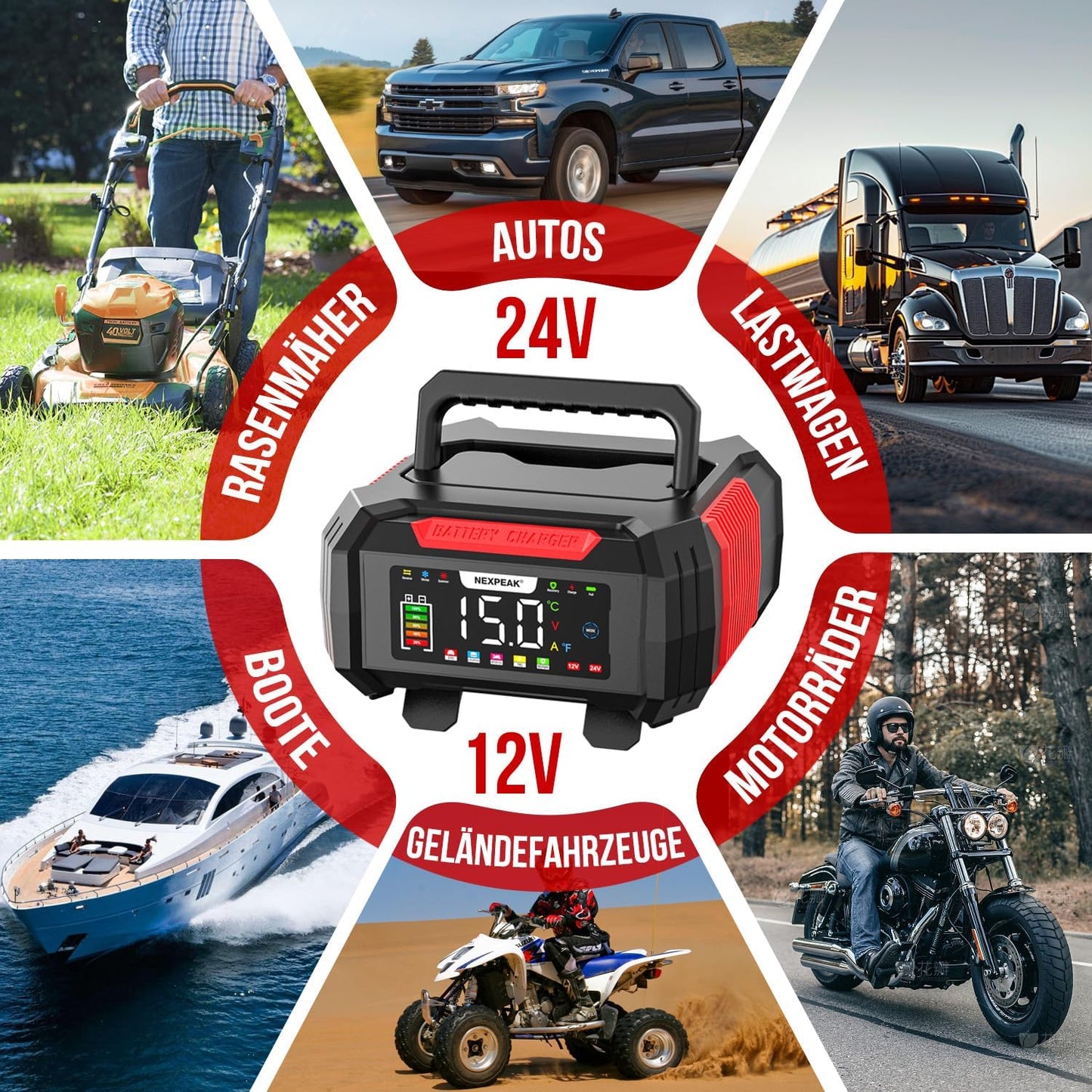 NEXPEAK NC315 15A polnilnik avtomobilskih akumulatorjev, 12V 24V LiFePO4, 9-stopenjski inteligentni polnilnik akumulatorjev za avtomobile, tovornjake, motorna kolesa, kosilnice, čolne in plovila