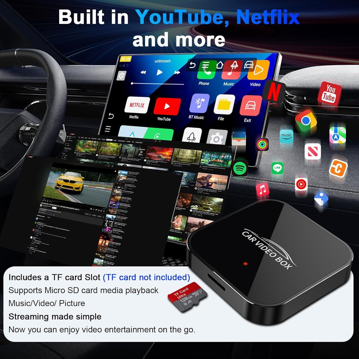 Brezžični Carplay in Android Auto adapter z vgrajenim Netflixom in YouTubom, 3-v-1 Car Play Ai Box, ki pretvori žično v brezžično CarPlay, nadgrajen dvopasovni WiFi, TF...
